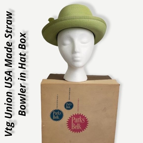 Vintage Straw Bowler Hat Apple Green Union USA Made in Hat Box EUC - Picture 1 of 12
